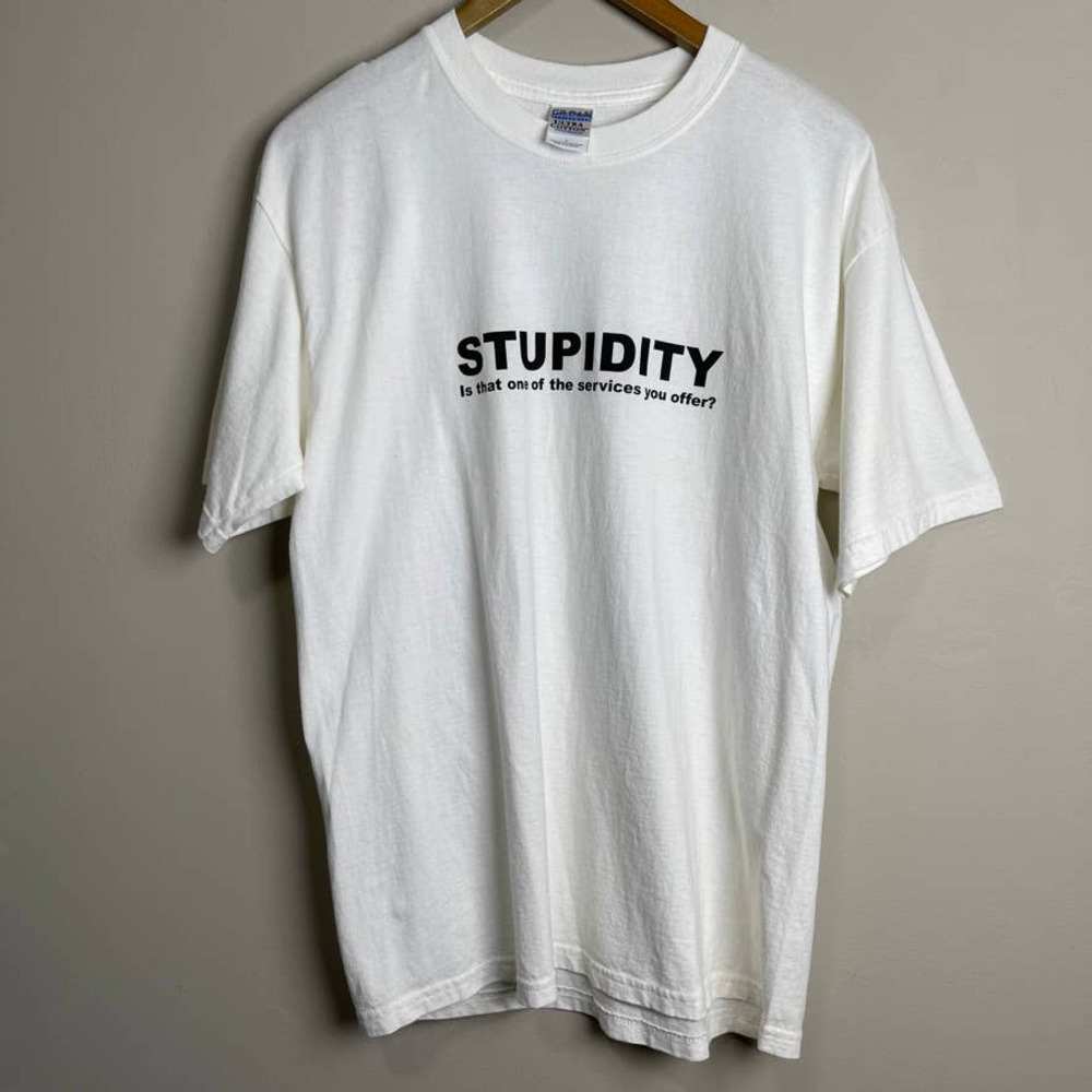 Gildan Funny Stupidity Graphic Tee Short Sleeve Crew Neck White Black L